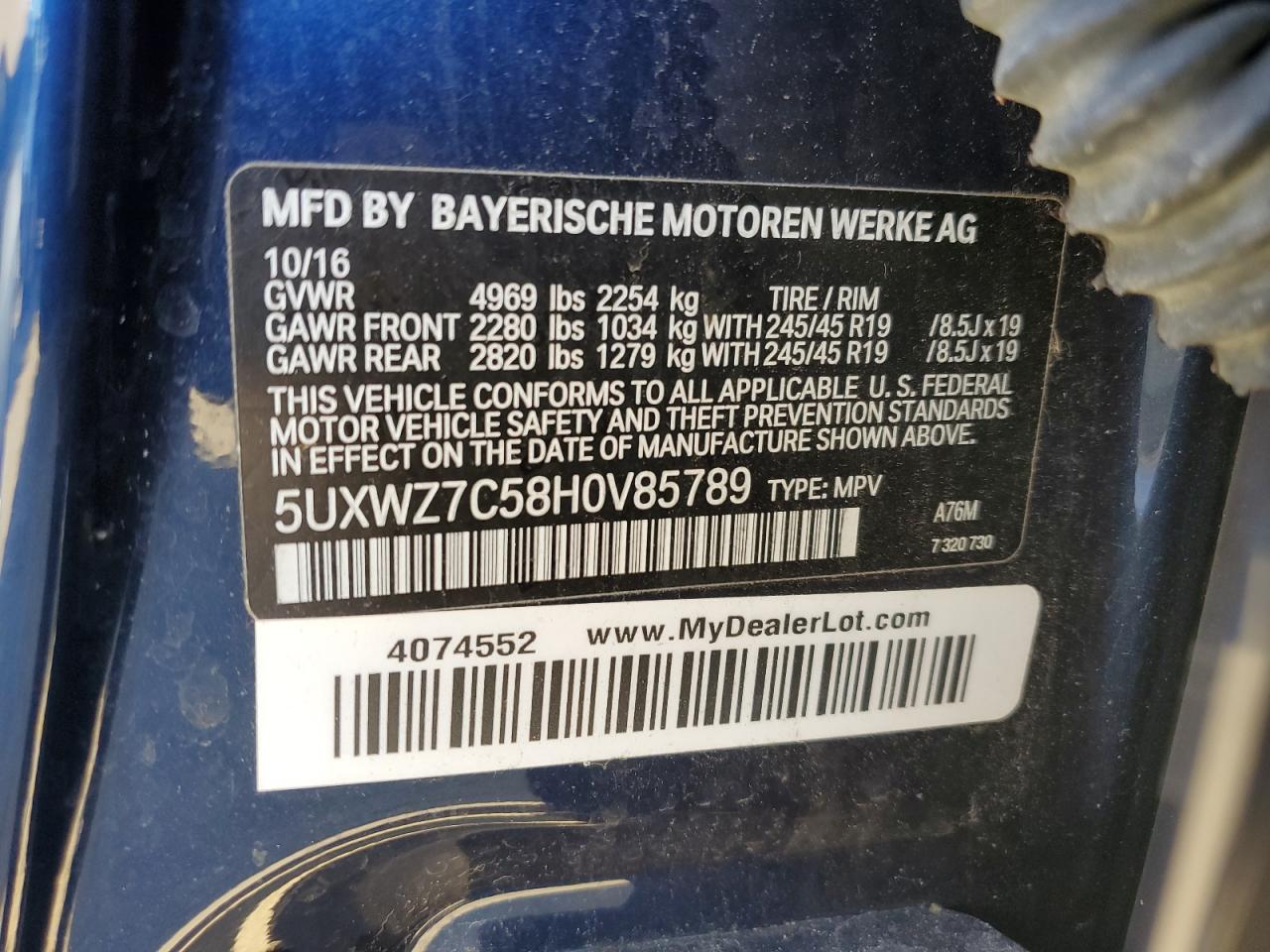 2017 BMW X3 VIN 5UXWZ7C58H0V85789 Copart auction photo, front end damage thumbnail 13