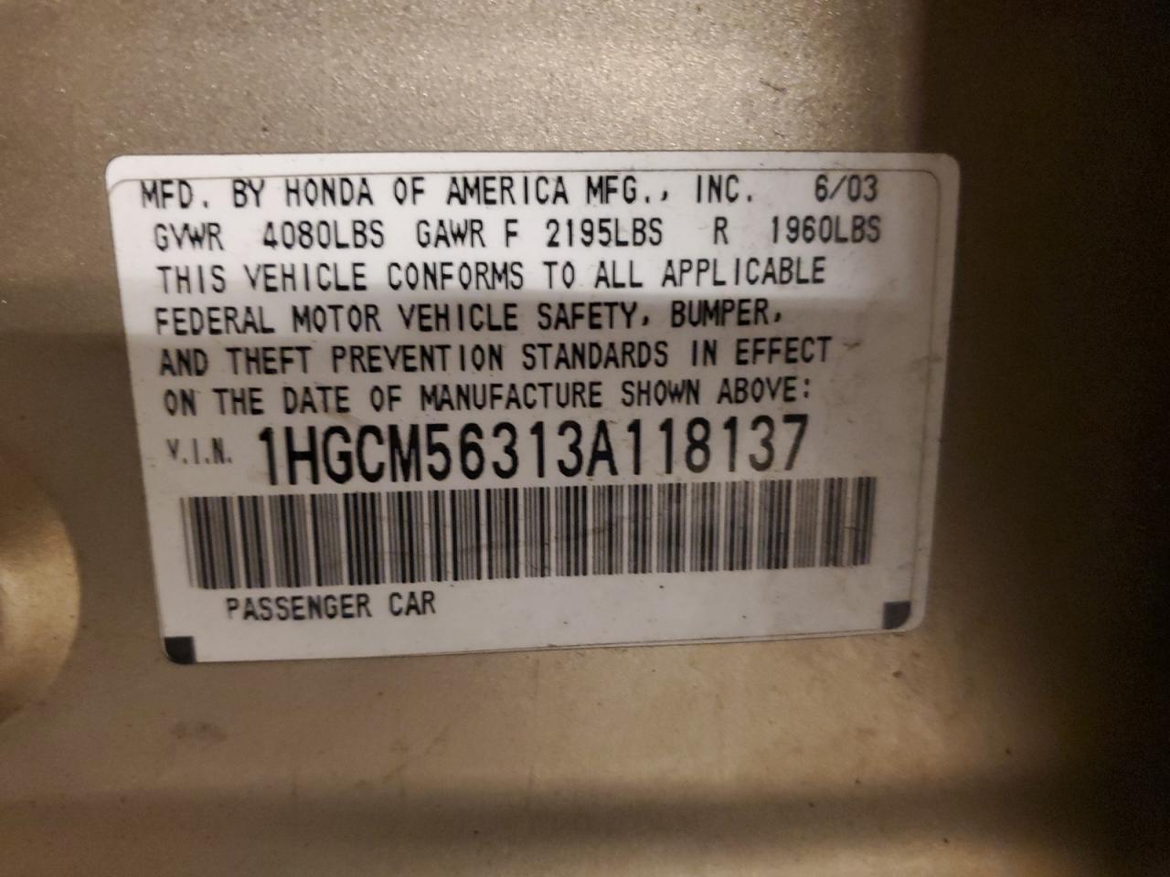 2003 Honda Accord VIN 1HGCM56313A118137 Copart auction photo, front end damage thumbnail 14