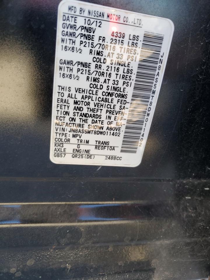 2013 Nissan Rogue VIN JN8AS5MT8DW011402 Copart auction photo, front end / rear end damage thumbnail 14