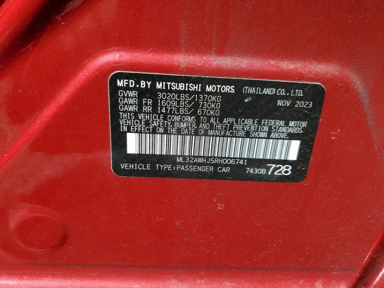 2024 Mitsubishi Mirage VIN ML32AWHJ5RH006741 Copart auction photo, front end damage thumbnail 12