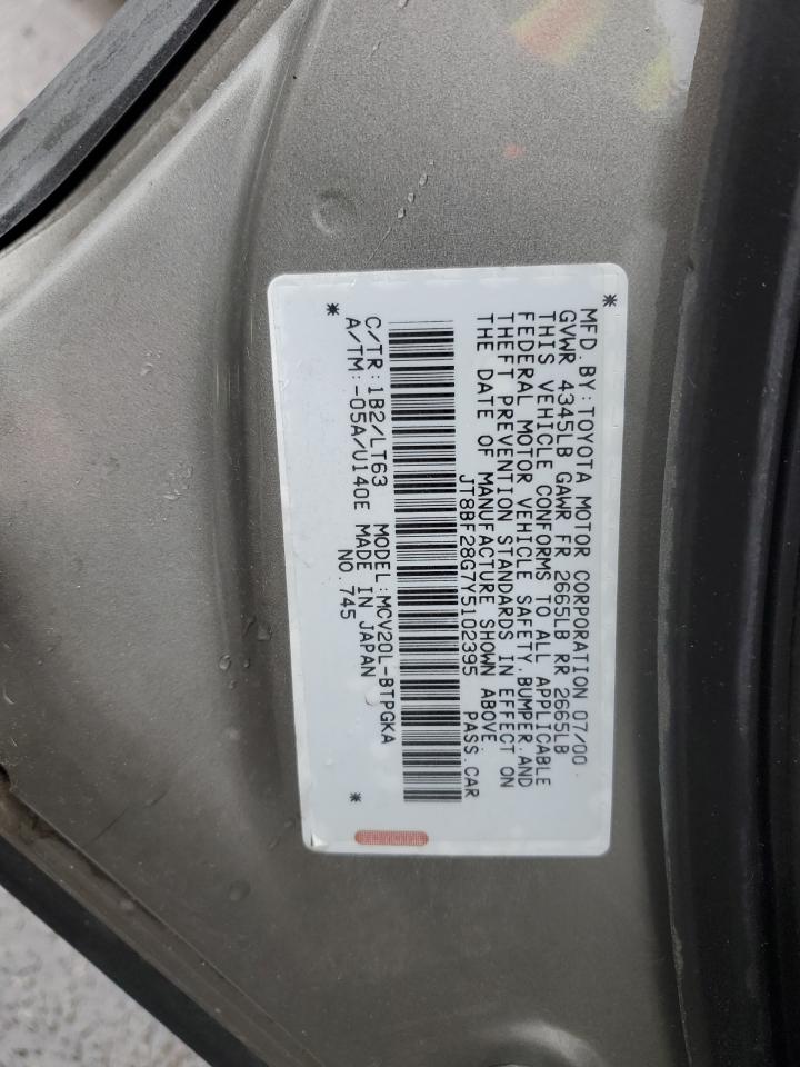 2000 Lexus ES VIN JT8BF28G7Y5102395 Copart auction photo, front end damage thumbnail 12