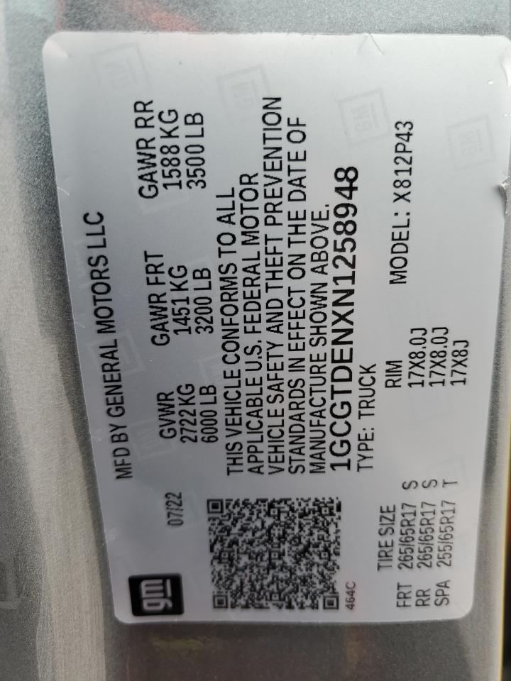 2022 Chevrolet Colorado VIN 1GCGTDENXN1258948 Copart auction photo, rear end / side damage thumbnail 13