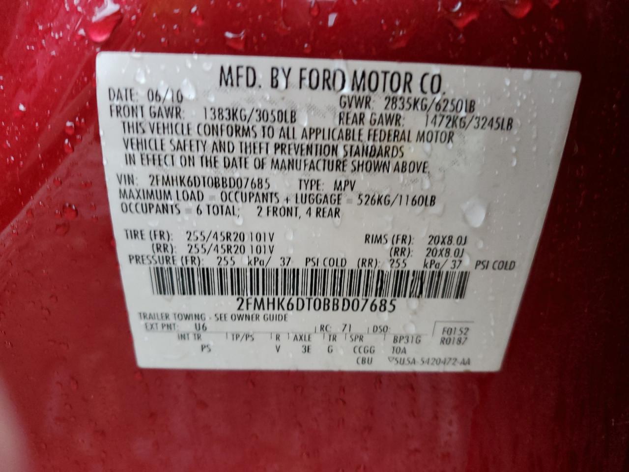 2011 Ford Flex VIN 2FMHK6DT0BBD07685 Copart auction photo, hail damage thumbnail 13