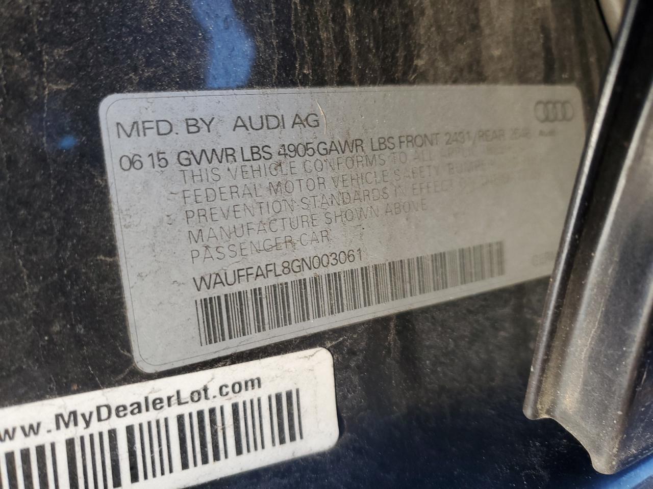 2016 Audi A4 VIN WAUFFAFL8GN003061 Copart auction photo, front end / minor dent/scratches damage thumbnail 12