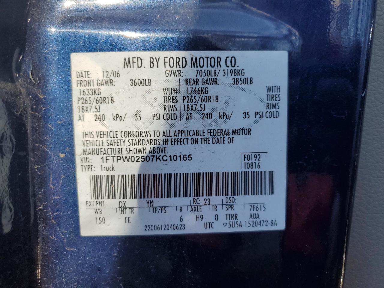 2007 Ford F-150 VIN 1FTPW02507KC10165 Copart auction photo, all over damage thumbnail 14