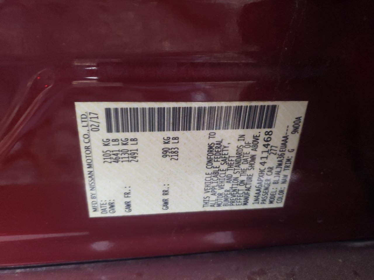 2017 Nissan Maxima VIN 1N4AA6APXHC411468 Copart auction photo, front end / minor dent/scratches damage thumbnail 12