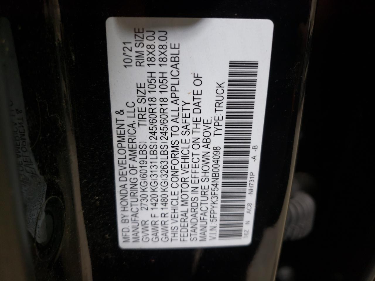 2022 Honda Ridgeline VIN 5FPYK3F54NB004098 Copart auction photo, front end damage thumbnail 14