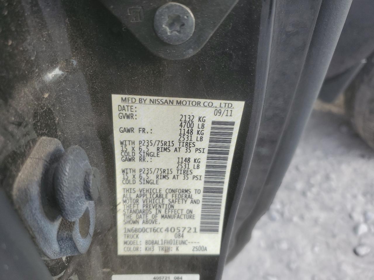 2012 Nissan Navara (Frontier) VIN 1N6BD0CT6CC405721 Copart auction photo, front end damage thumbnail 14