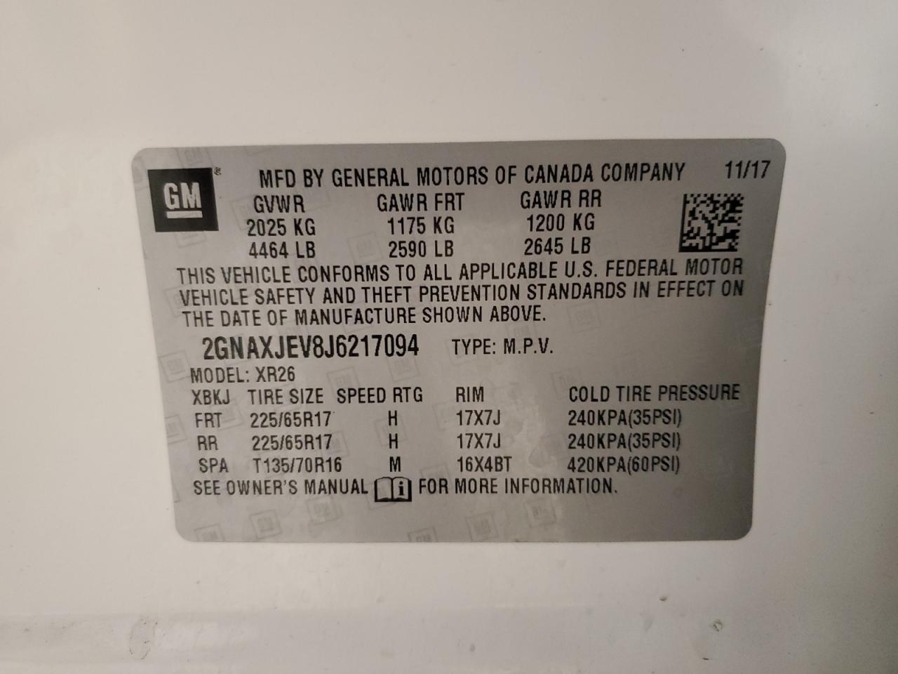 2018 Chevrolet Equinox VIN 2GNAXJEV8J6217094 Copart auction photo, side damage thumbnail 13
