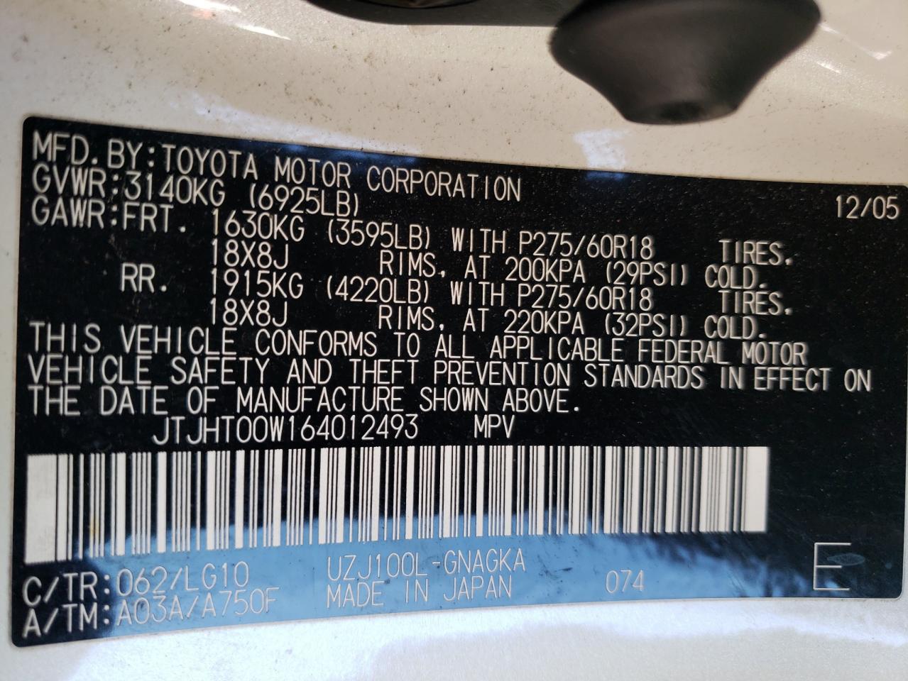 2006 Lexus LX VIN JTJHT00W164012493 Copart auction photo, front end / minor dent/scratches damage thumbnail 13