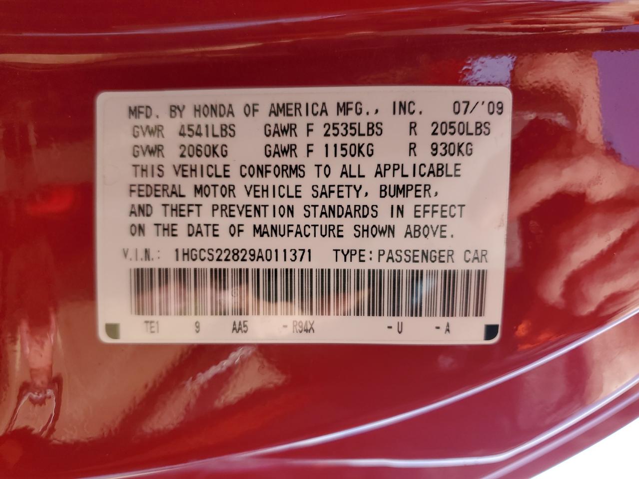 2009 Honda Accord VIN 1HGCS22829A011371 Copart auction photo, front end damage thumbnail 12