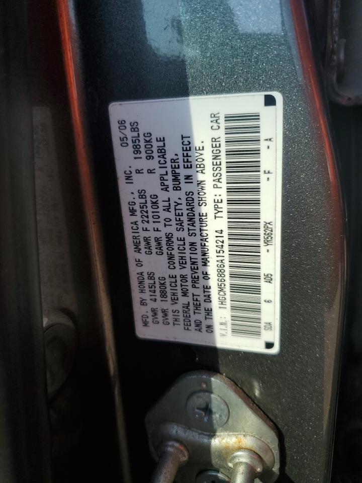 2006 Honda Accord VIN 1HGCM56886A154214 Copart auction photo, front end / side damage thumbnail 12