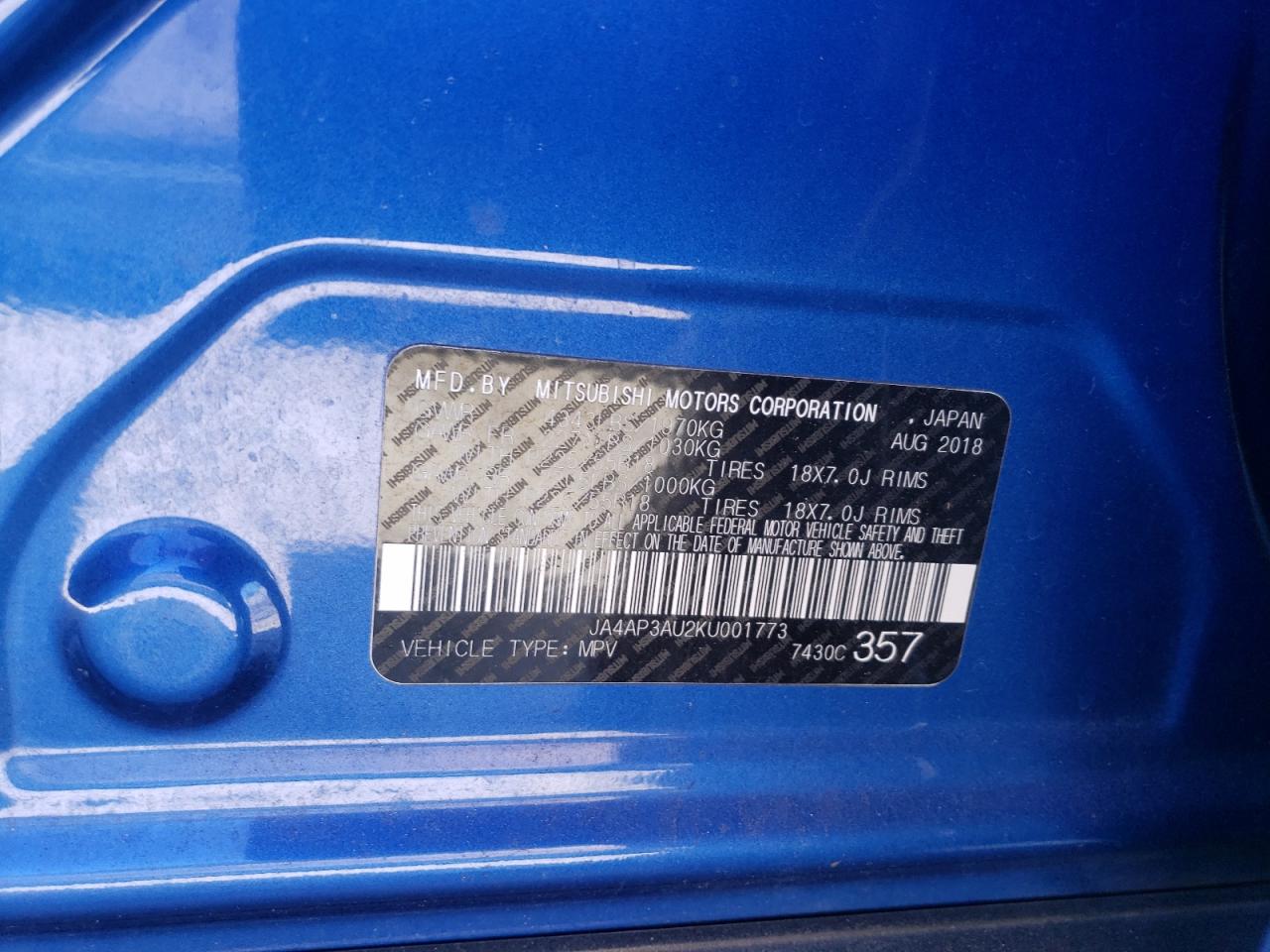2019 Mitsubishi Outlander VIN JA4AP3AU2KU001773 Copart auction photo, front end damage thumbnail 13