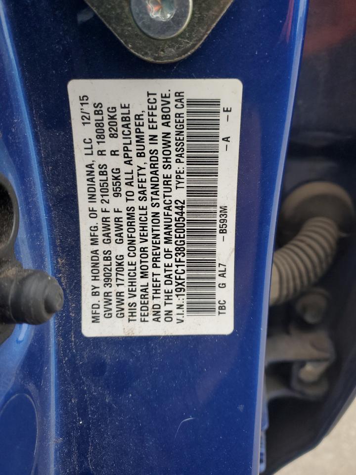 2016 Honda Civic VIN 19XFC1F38GE005442 Copart auction photo, rear end / front end damage thumbnail 13