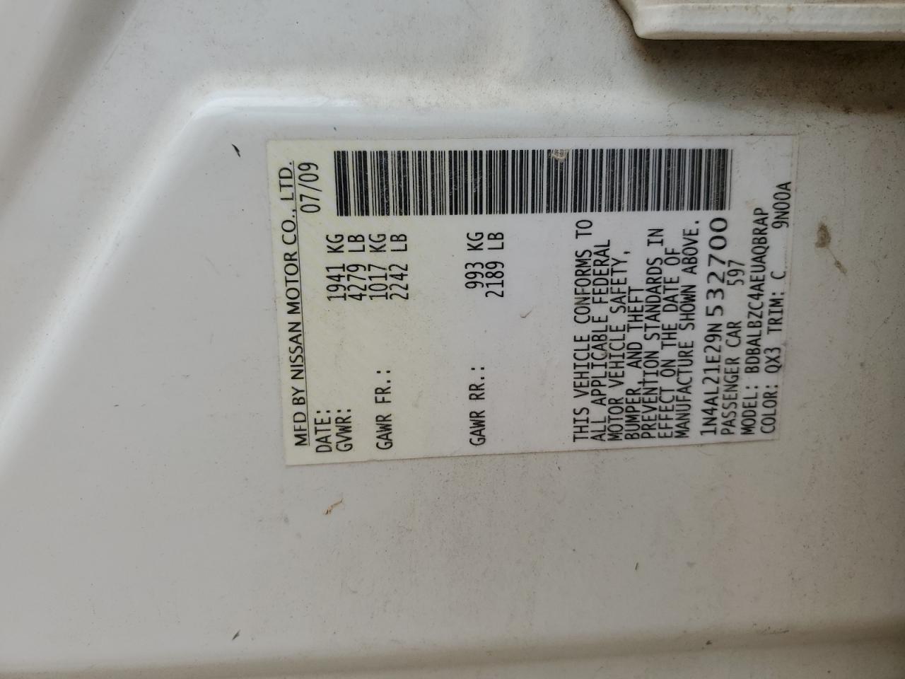 2009 Nissan Altima VIN 1N4AL21E29N532700 Copart auction photo, hail / minor dent/scratches damage thumbnail 12