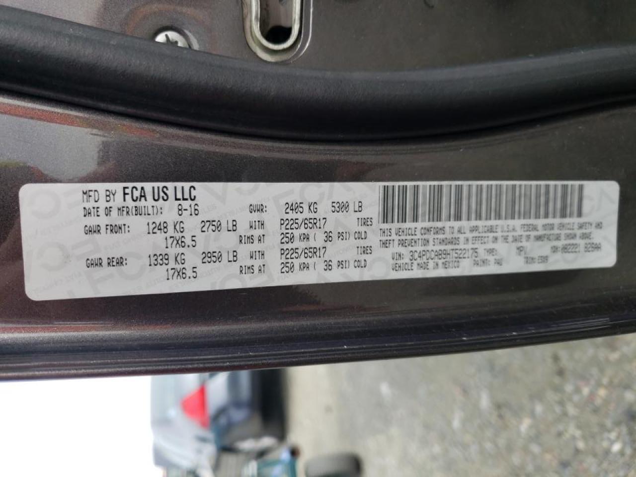 2017 Dodge Journey VIN 3C4PDCAB9HT522175 Copart auction photo, front end / side damage thumbnail 13