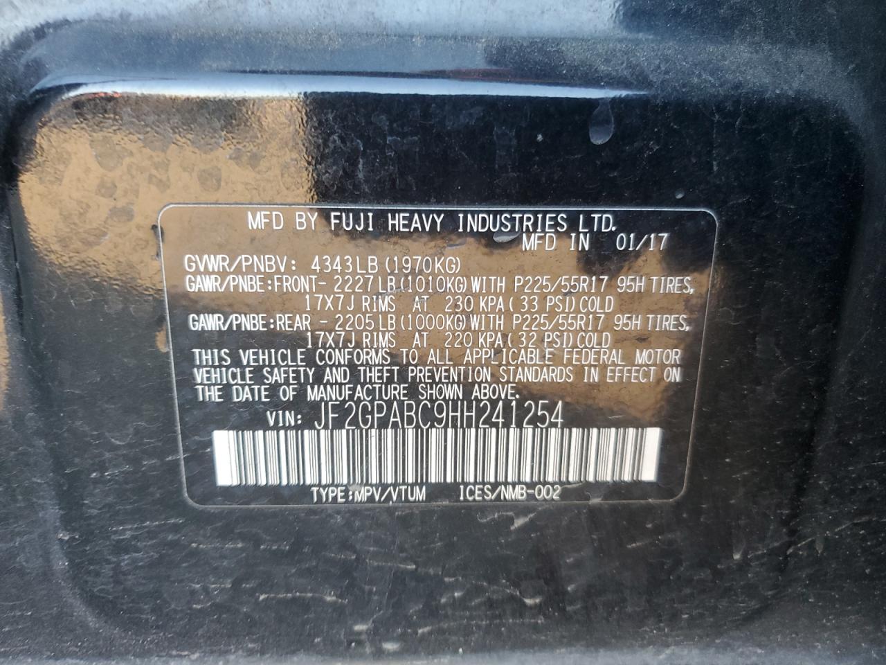 2017 Subaru XV VIN JF2GPABC9HH241254 Copart auction photo, rear end damage thumbnail 12