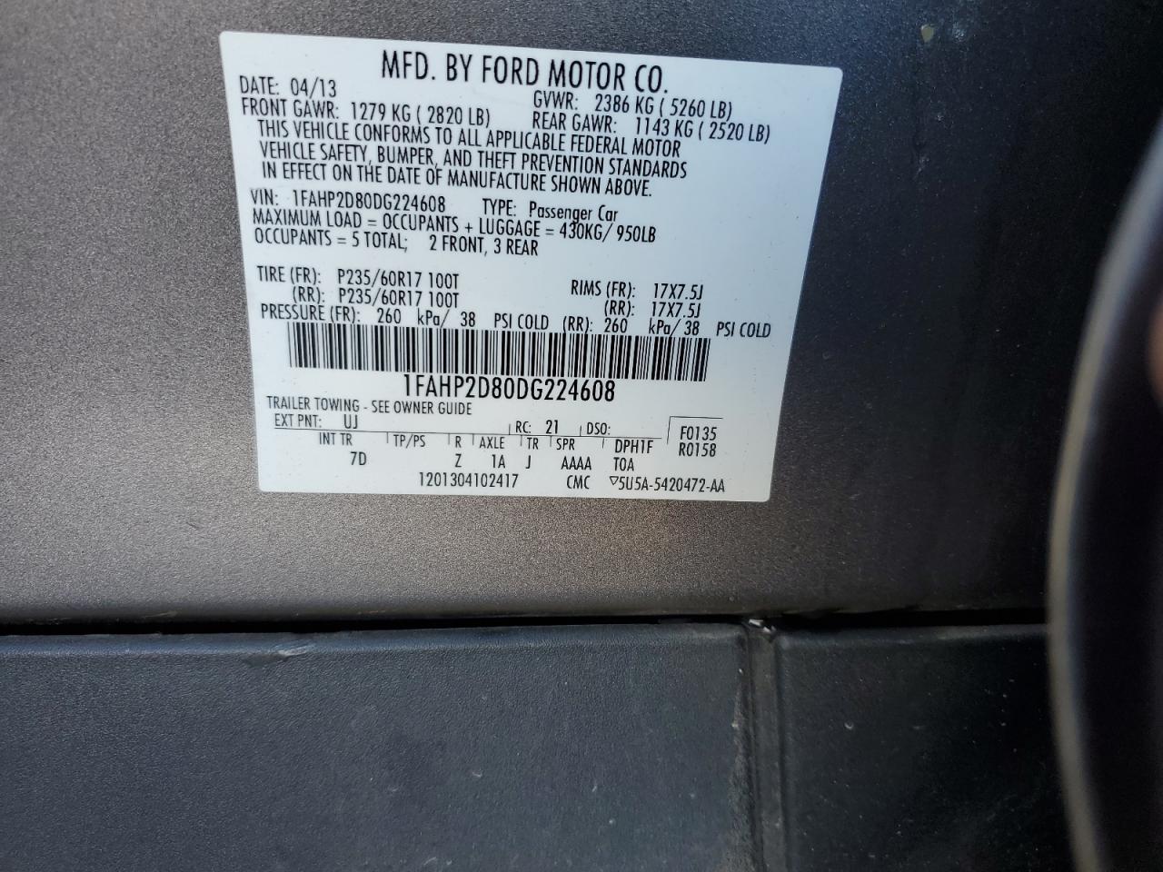 2013 Ford Taurus VIN 1FAHP2D80DG224608 Copart auction photo, front end damage thumbnail 13