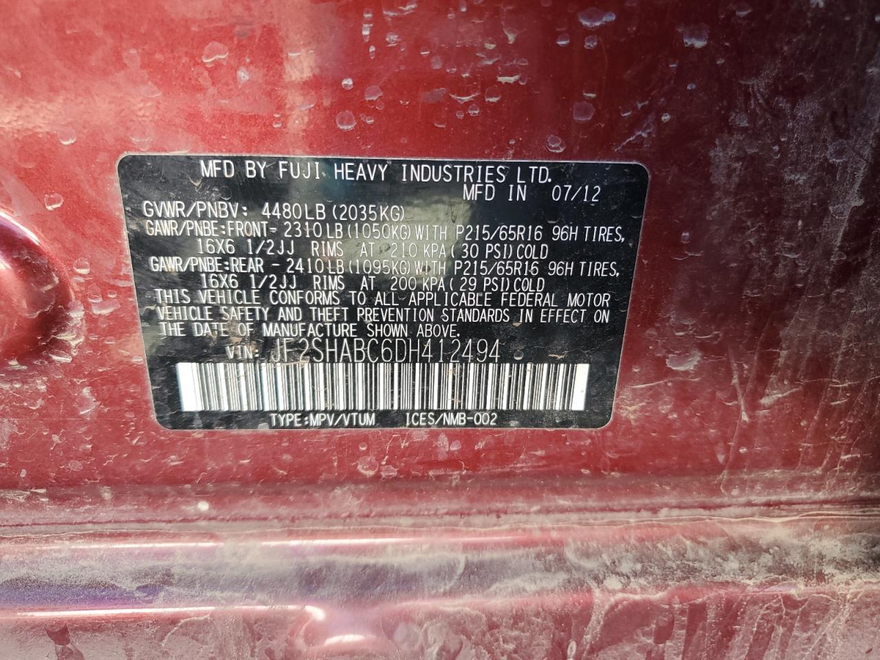 2013 Subaru Forester VIN JF2SHABC6DH412494 Copart auction photo, front end / side damage thumbnail 12
