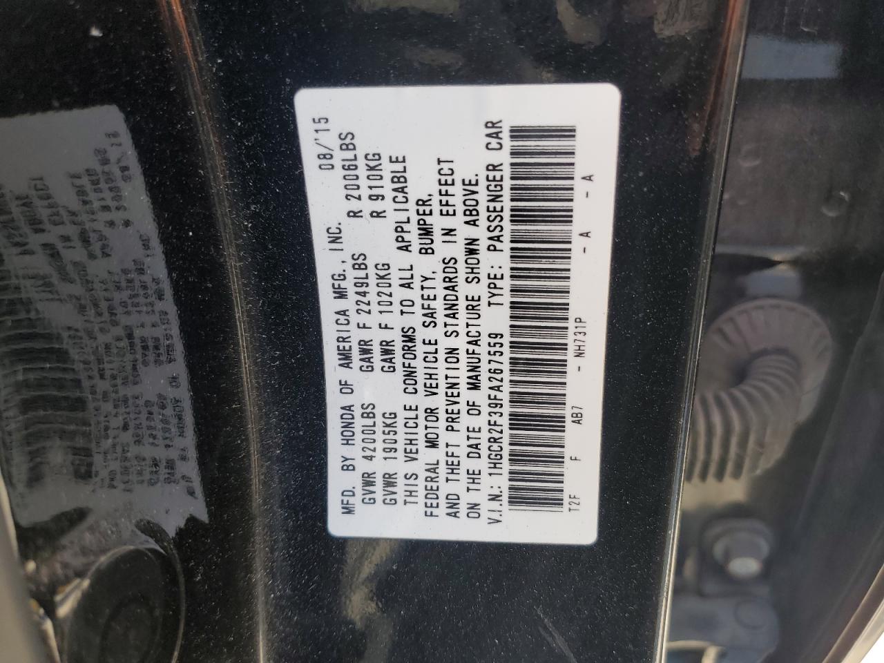 2015 Honda Accord VIN 1HGCR2F39FA267559 Copart auction photo, rear end damage thumbnail 14