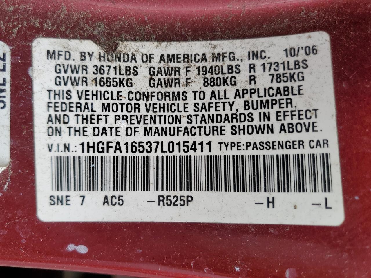 2007 Honda Civic VIN 1HGFA16537L015411 Copart auction photo, side damage thumbnail 12
