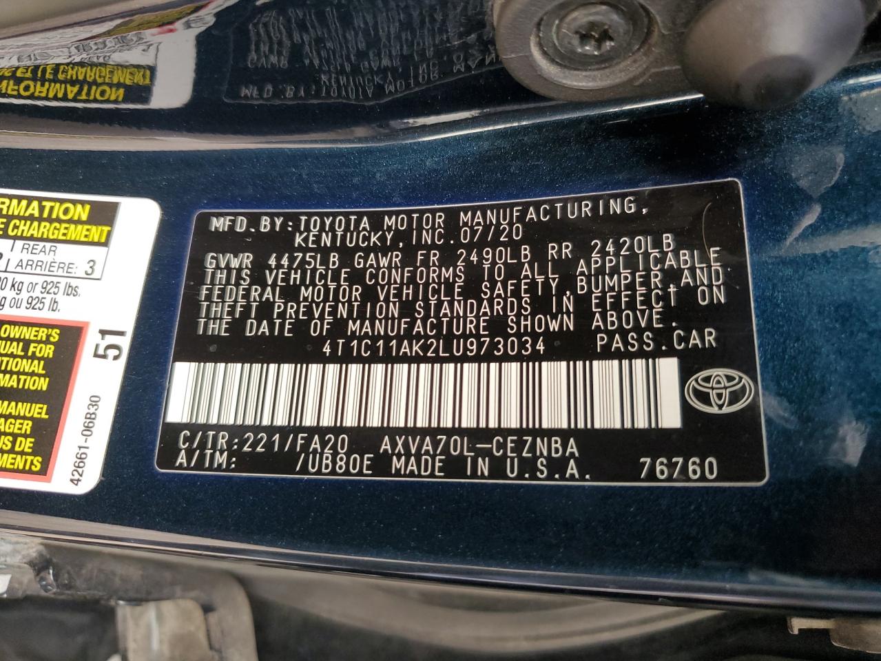 2020 Toyota Camry VIN 4T1C11AK2LU973034 Copart auction photo, front end damage thumbnail 12
