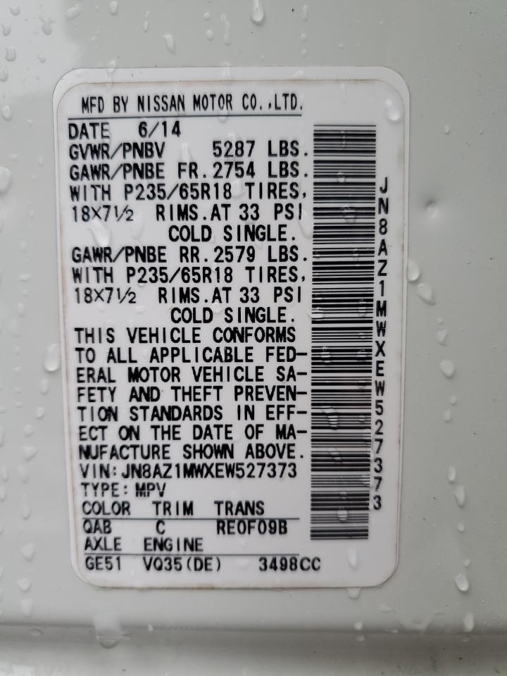 2014 Nissan Murano VIN JN8AZ1MWXEW527373 Copart auction photo, front end / side damage thumbnail 14