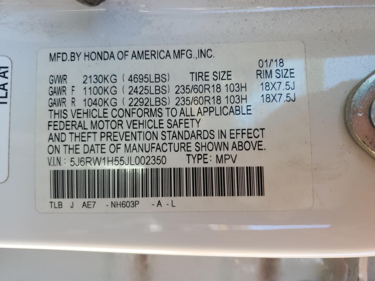 2018 Honda CR-V VIN 5J6RW1H55JL002350 Copart auction photo, front end damage thumbnail 14