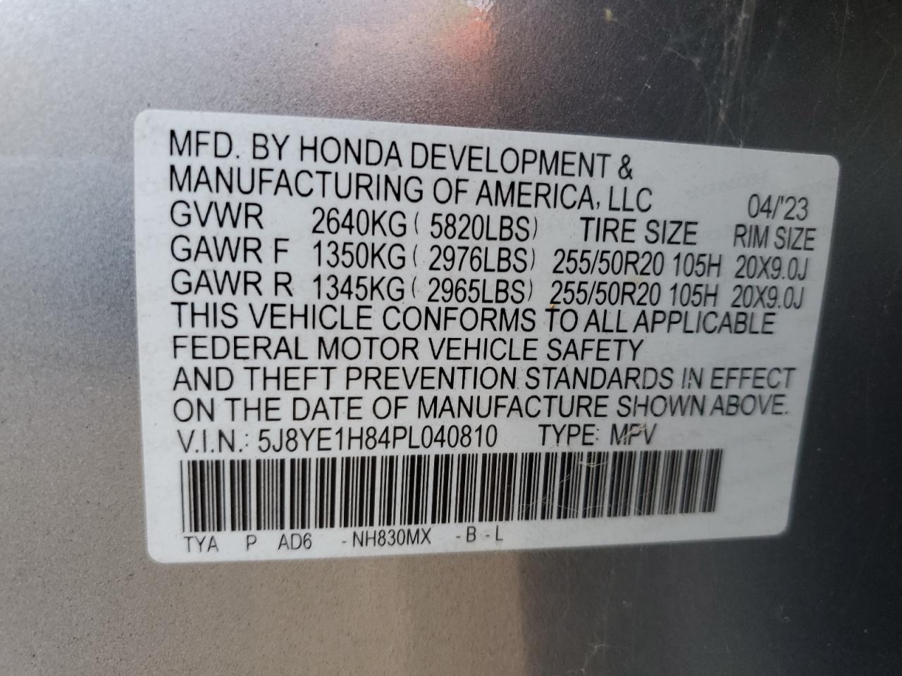2023 Acura MDX VIN 5J8YE1H84PL040810 Copart auction photo, front end / side damage thumbnail 16