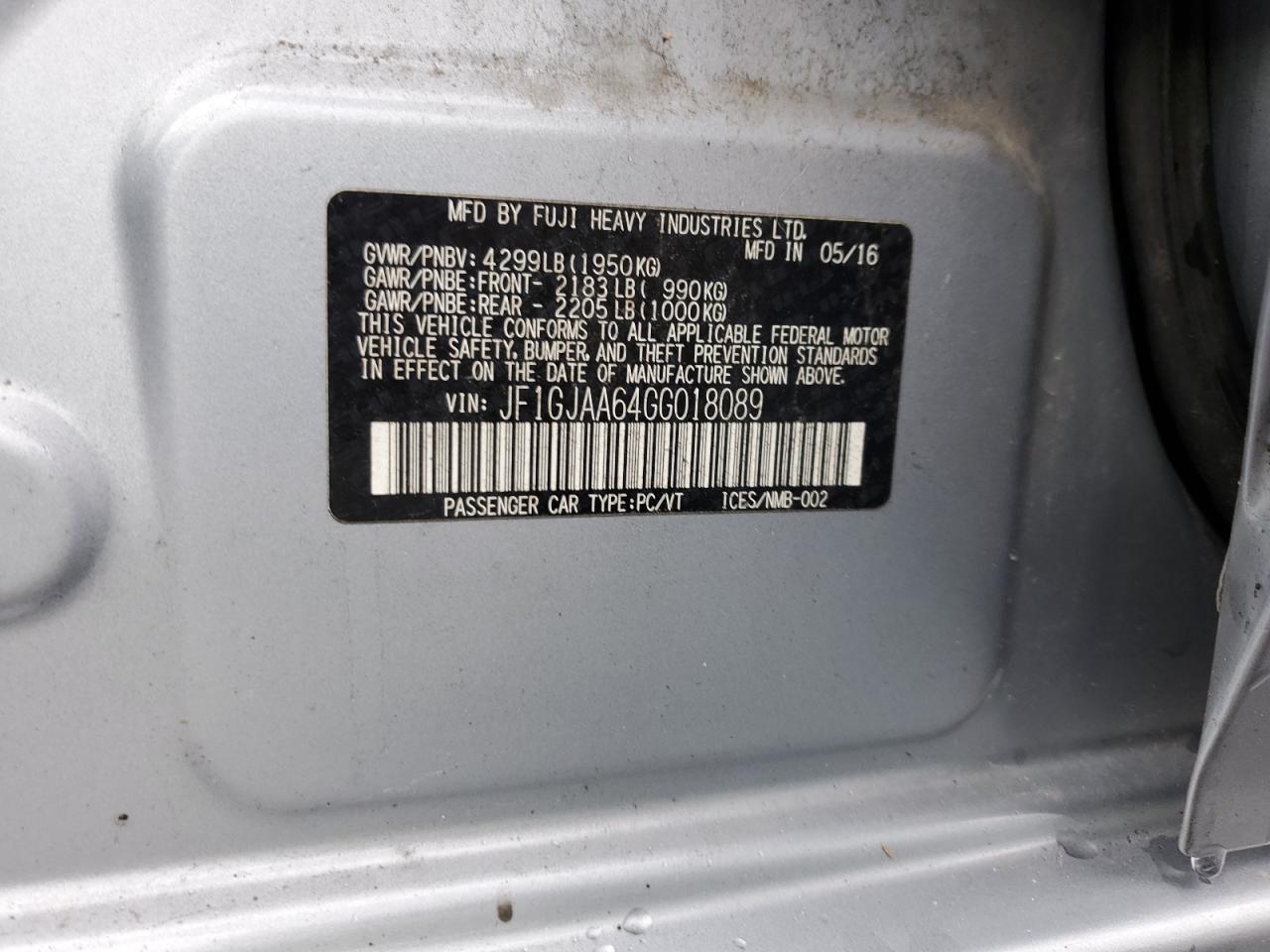 2016 Subaru Impreza VIN JF1GJAA64GG018089 Copart auction photo, front end damage thumbnail 12