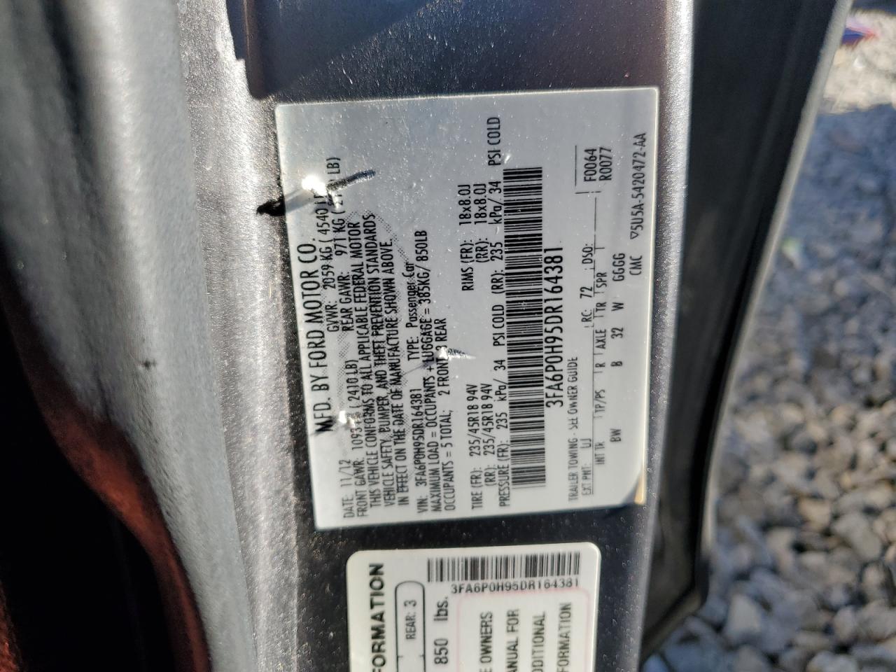 2013 Ford Fusion VIN 3FA6P0H95DR164381 Copart auction photo, all over damage thumbnail 12