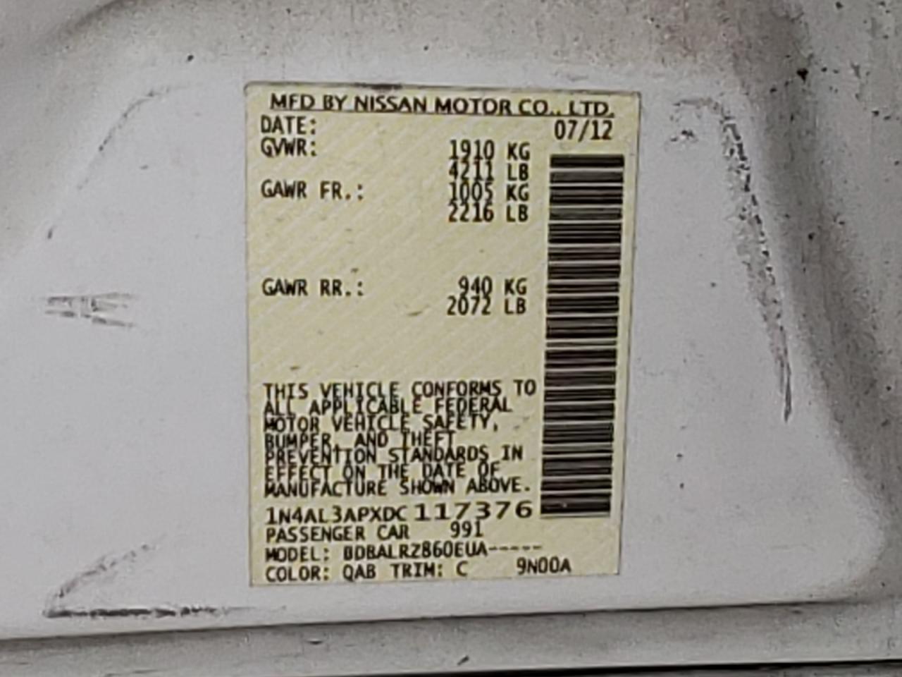 2013 Nissan Altima VIN 1N4AL3APXDC117376 Copart auction photo, side / minor dent/scratches damage thumbnail 12
