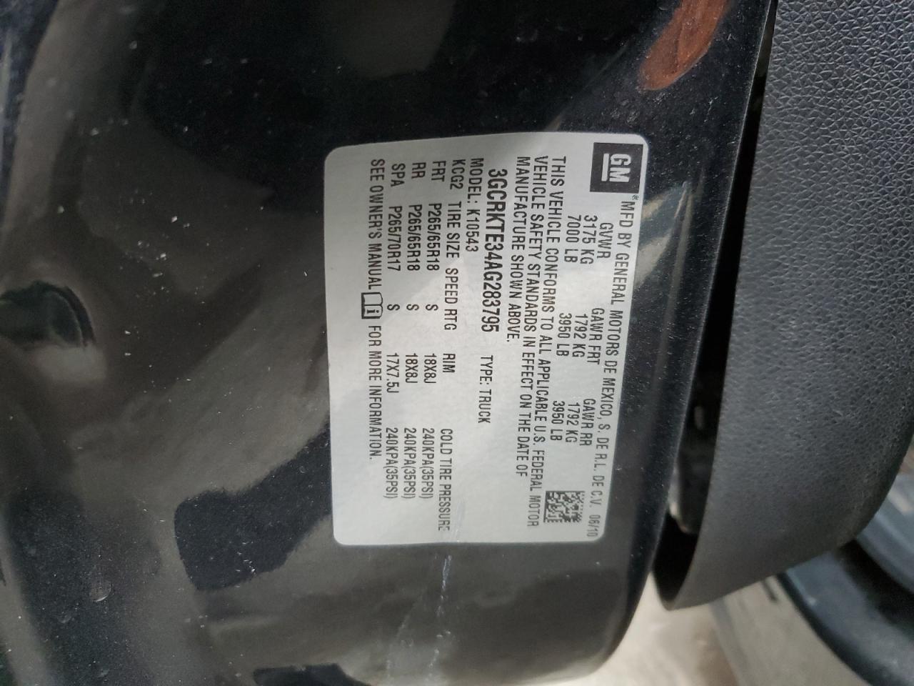 2010 Chevrolet Silverado VIN 3GCRKTE34AG283795 Copart auction photo, side / front end damage thumbnail 12