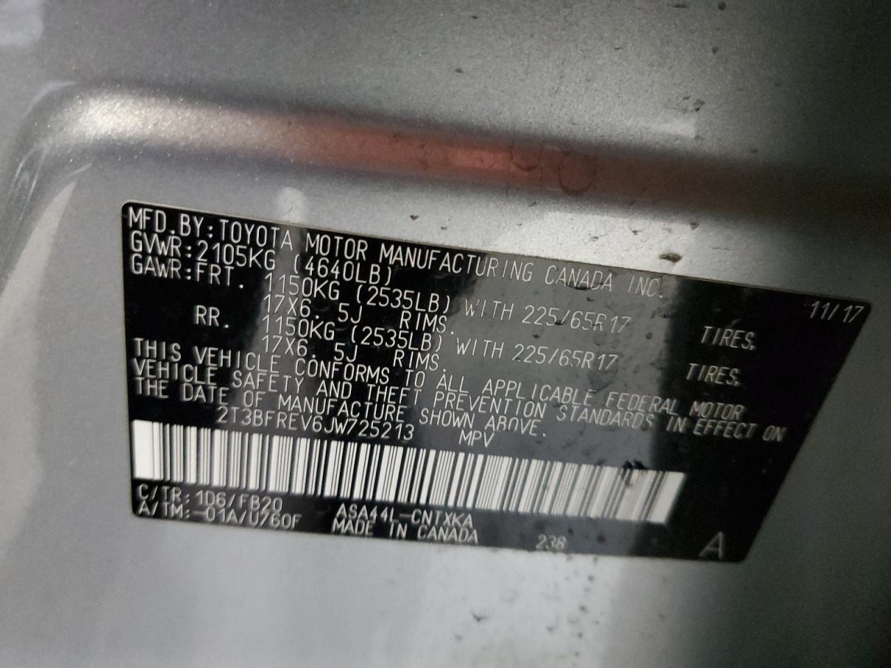 2018 Toyota RAV 4 VIN 2T3BFREV6JW725213 Copart auction photo, side damage thumbnail 16