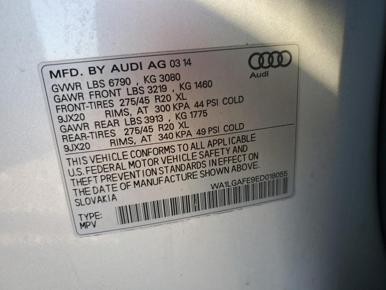 2014 Audi Q7 VIN WA1LGAFE9ED018055 Copart auction photo, normal wear damage thumbnail 13