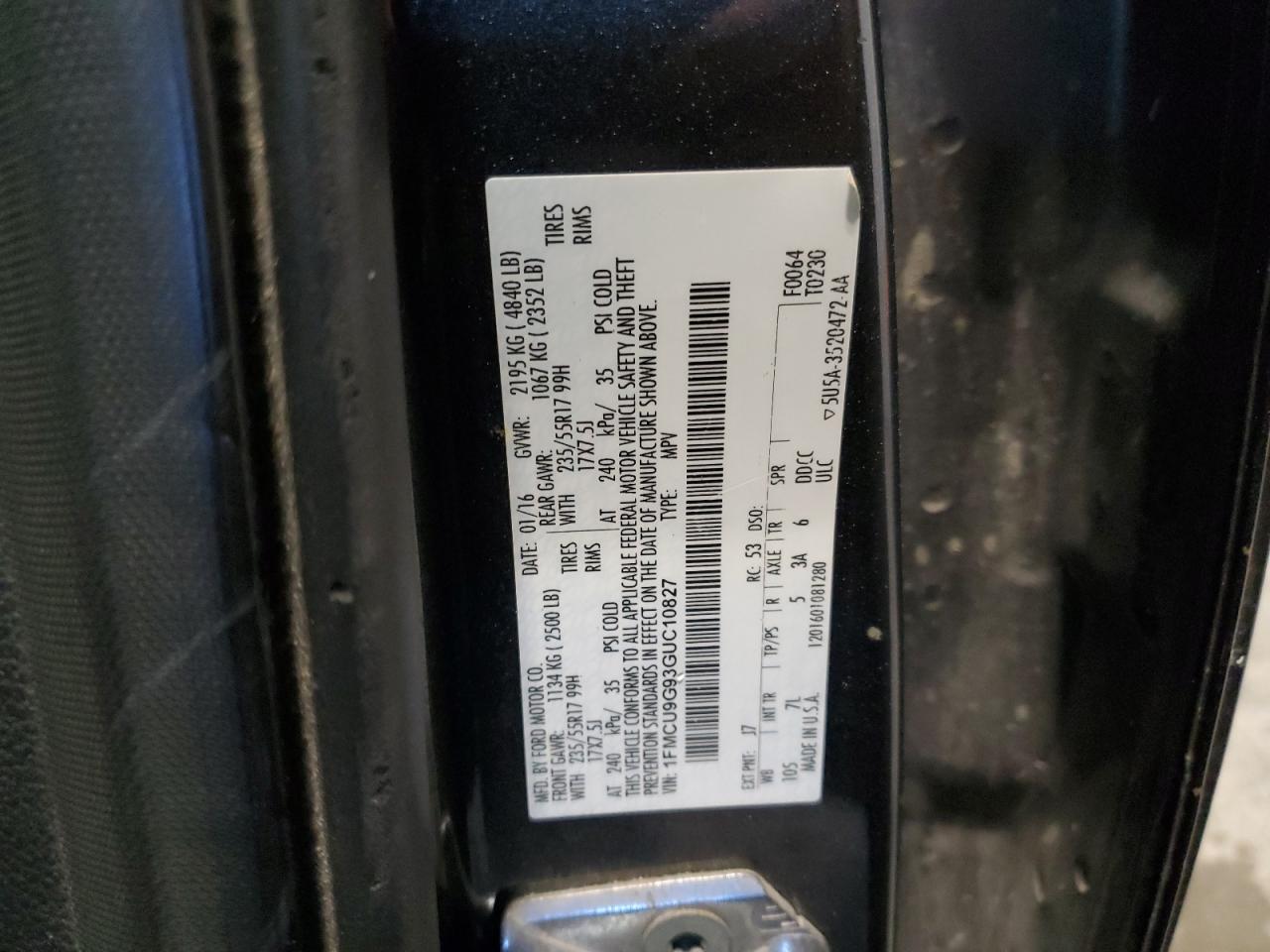 2016 Ford Escape VIN 1FMCU9G93GUC10827 Copart auction photo, front end / side damage thumbnail 15