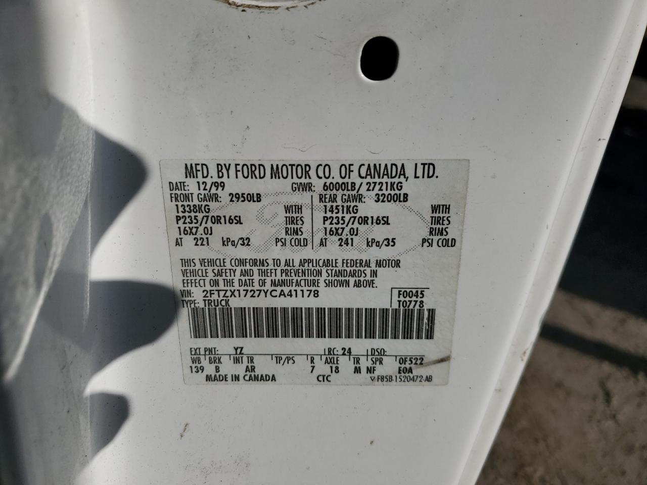 2000 Ford F-150 VIN 2FTZX1727YCA41178 Copart auction photo, all over damage thumbnail 12