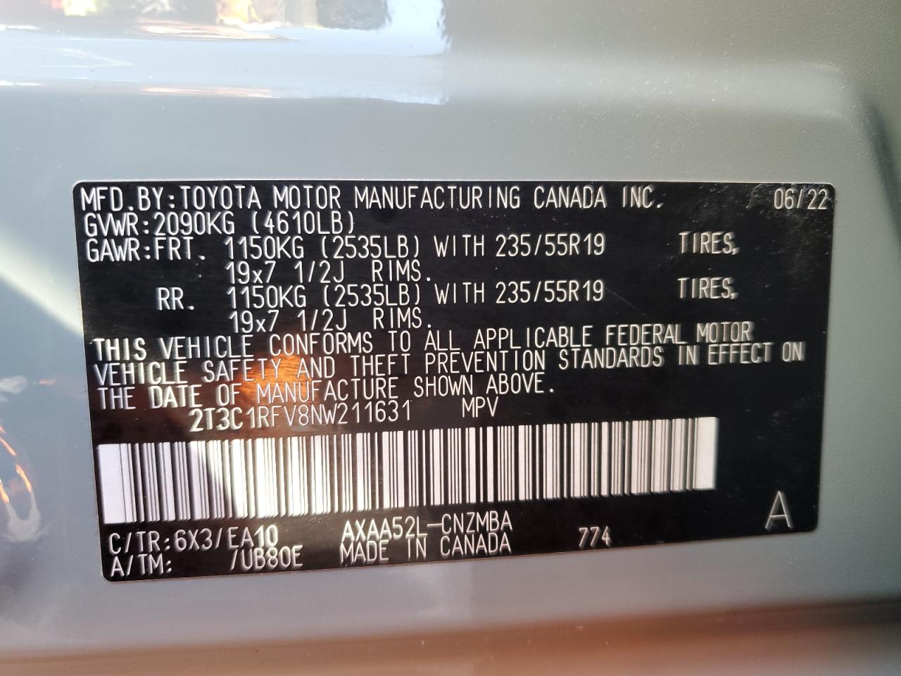 2022 Toyota RAV 4 VIN 2T3C1RFV8NW211631 Copart auction photo, minor dent/scratches damage thumbnail 12