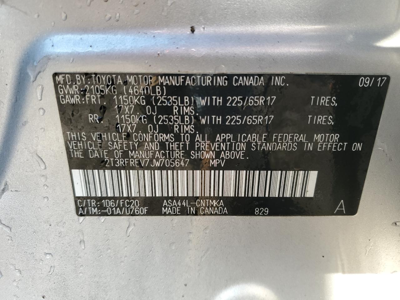 2018 Toyota RAV 4 VIN 2T3RFREV7JW705647 Copart auction photo, side damage thumbnail 13