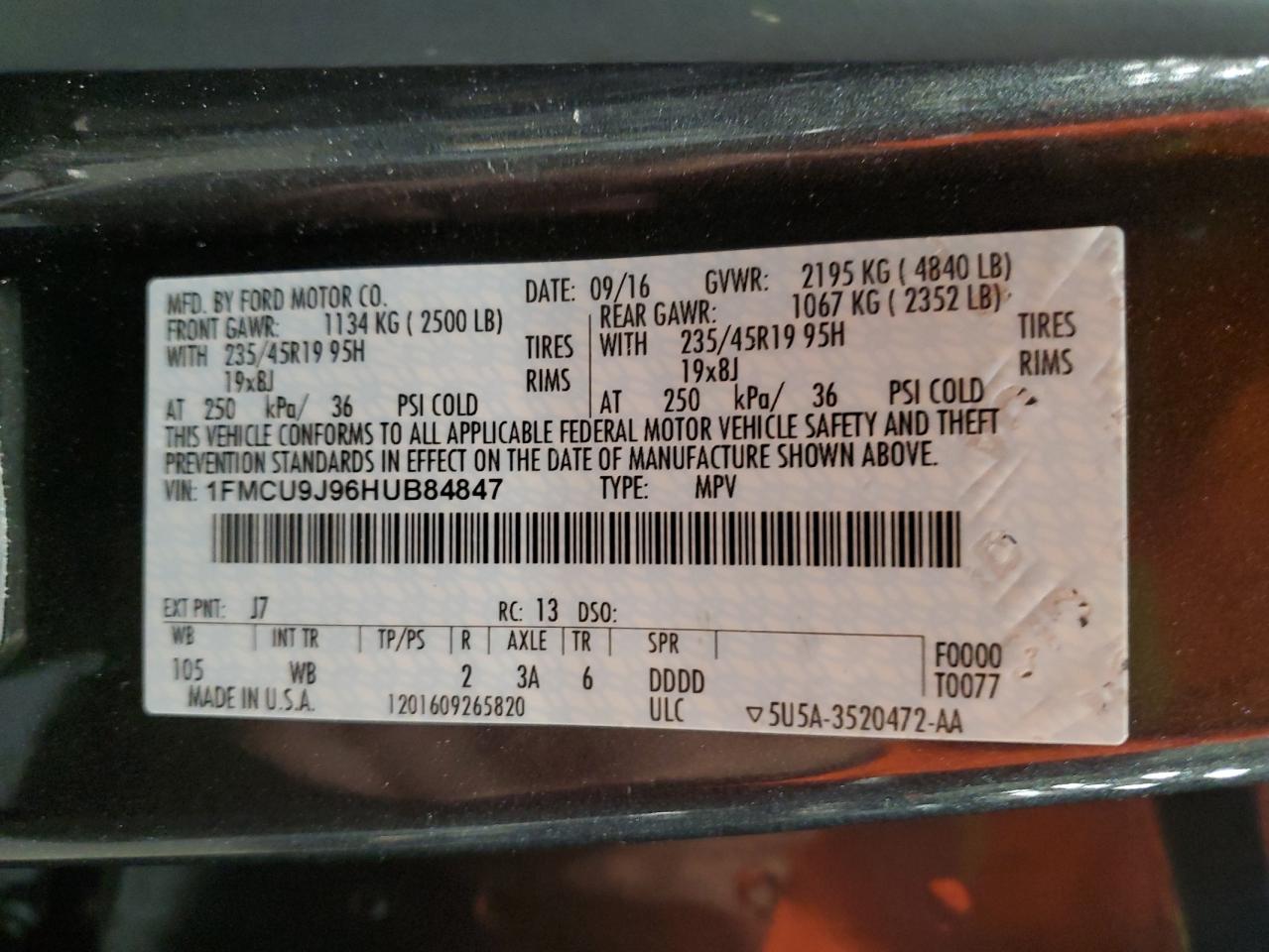 2017 Ford Escape VIN 1FMCU9J96HUB84847 Copart auction photo, front end damage thumbnail 13