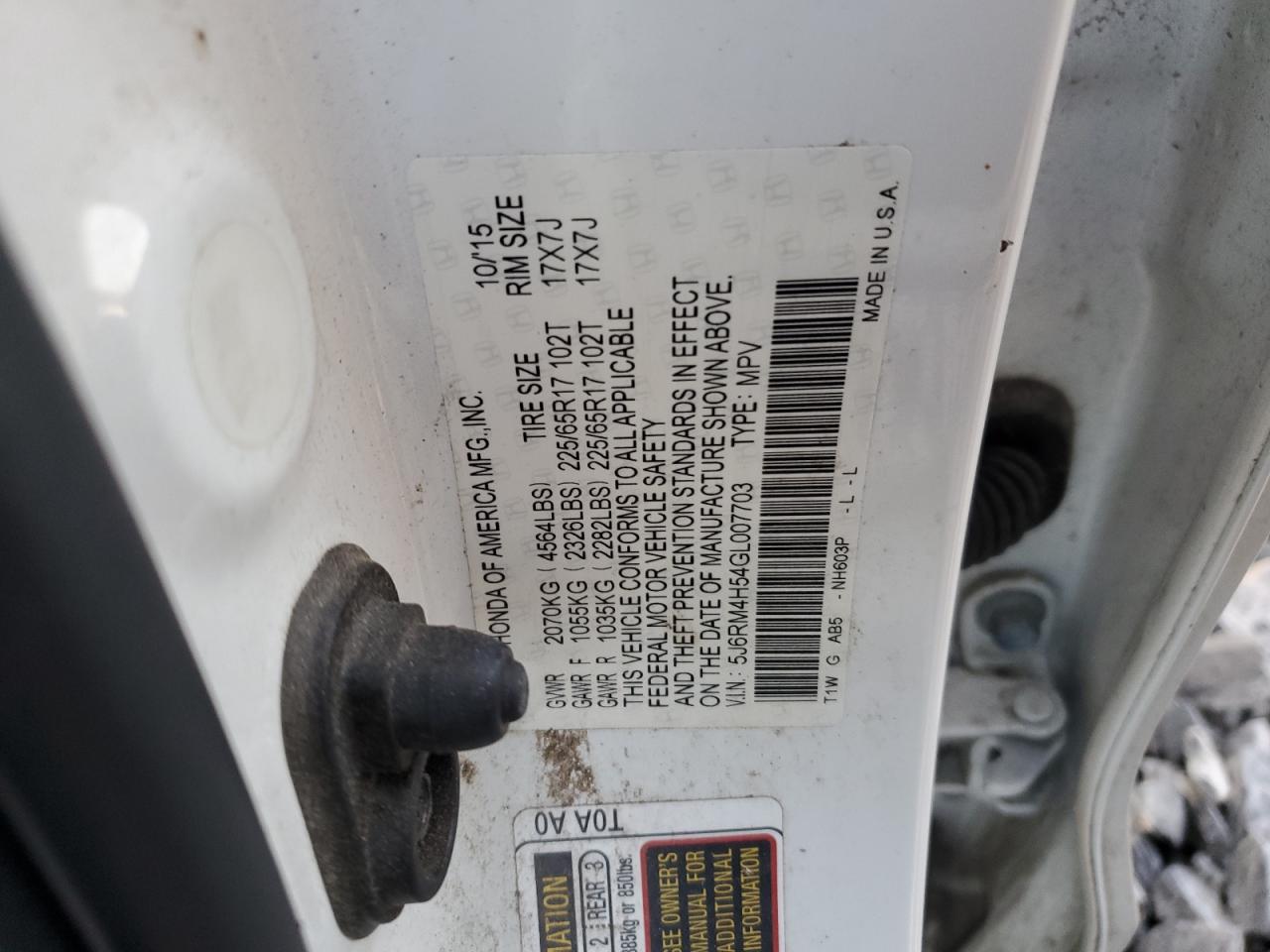2016 Honda CR-V VIN 5J6RM4H54GL007703 Copart auction photo, front end damage thumbnail 16