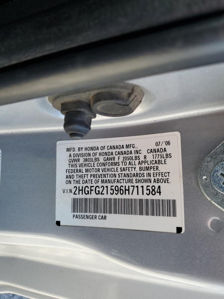 2006 Honda Civic VIN 2HGFG21596H711584 Copart auction photo, rear end damage thumbnail 13