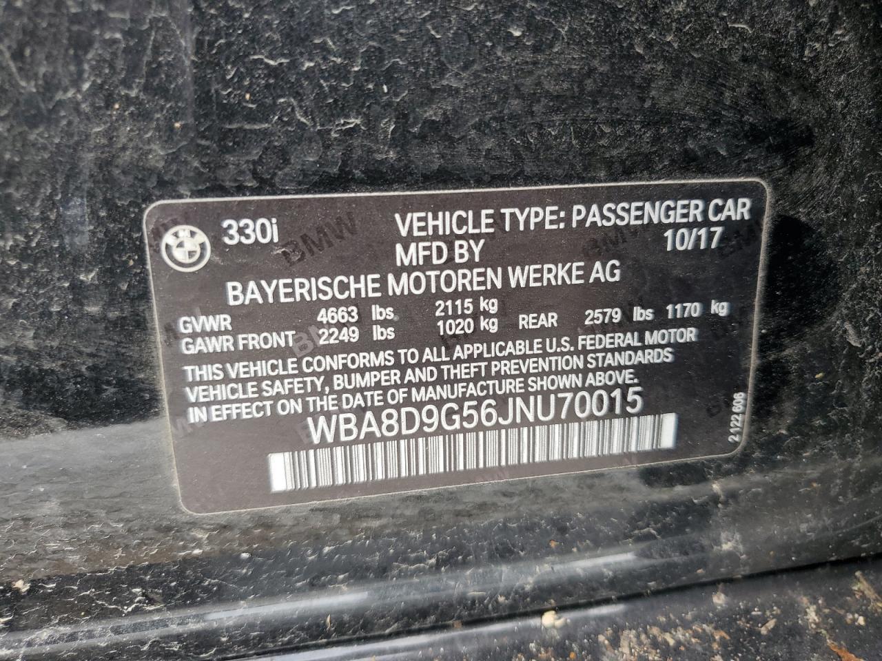 2018 BMW 3er VIN WBA8D9G56JNU70015 Copart auction photo, front end / top/roof damage thumbnail 12