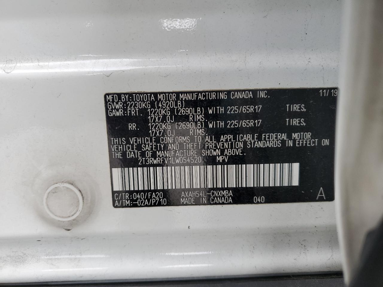 2020 Toyota RAV 4 VIN 2T3RWRFV1LW054520 Copart auction photo, front end damage thumbnail 14