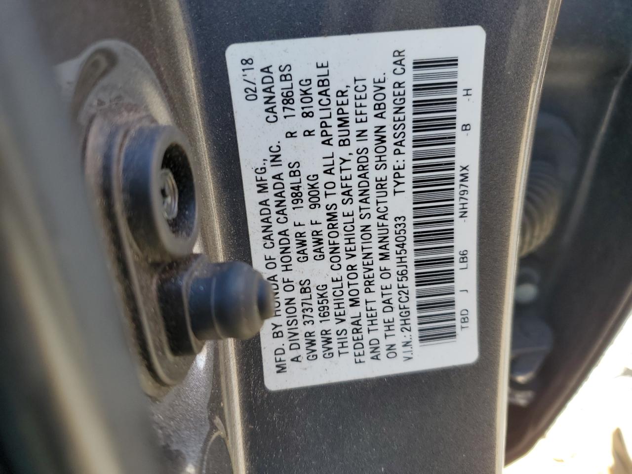 2018 Honda Civic VIN 2HGFC2F56JH540533 Copart auction photo, front end / side damage thumbnail 12