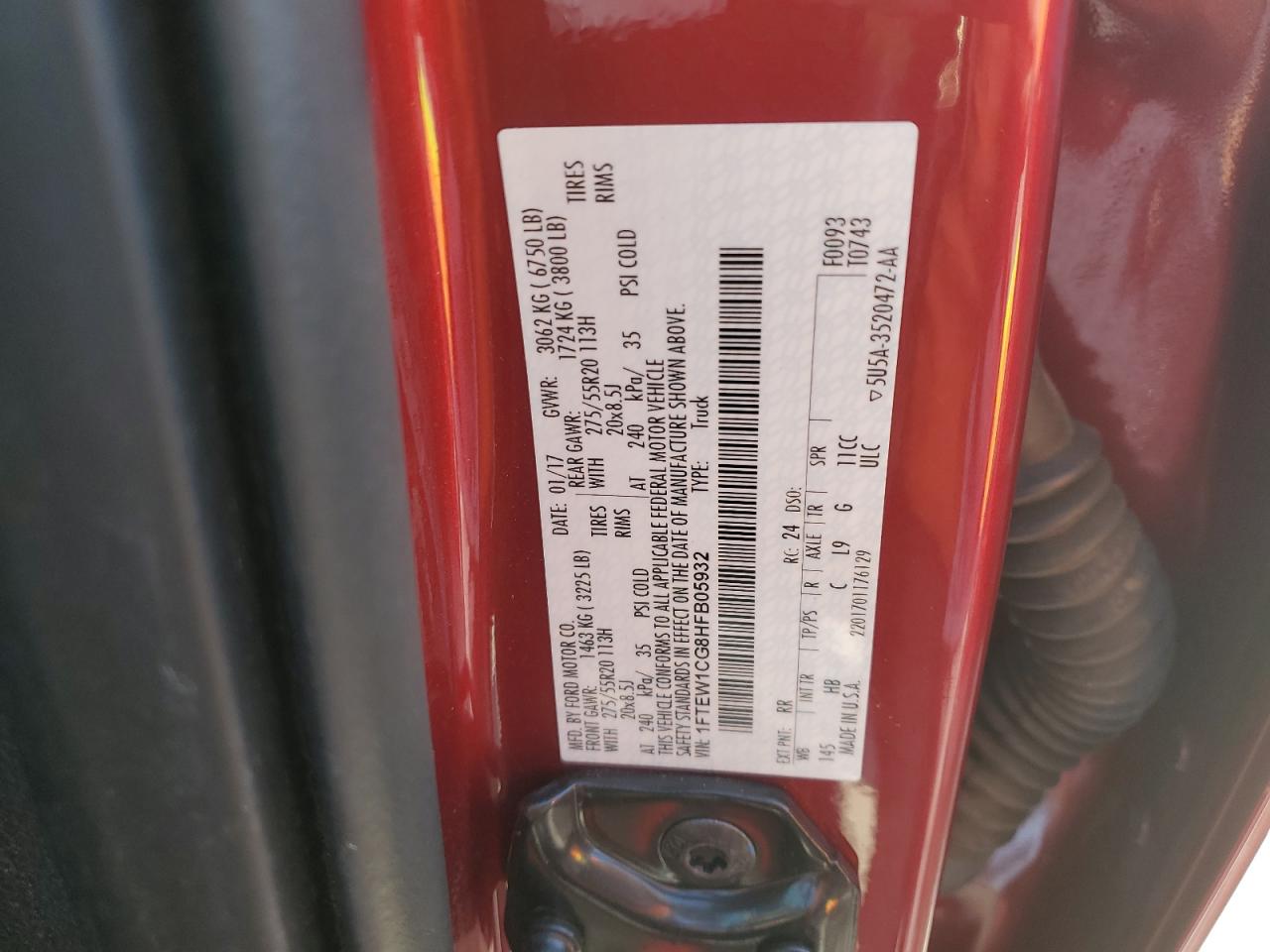 2017 Ford F-150 VIN 1FTEW1CG8HFB05932 Copart auction photo, front end damage thumbnail 12