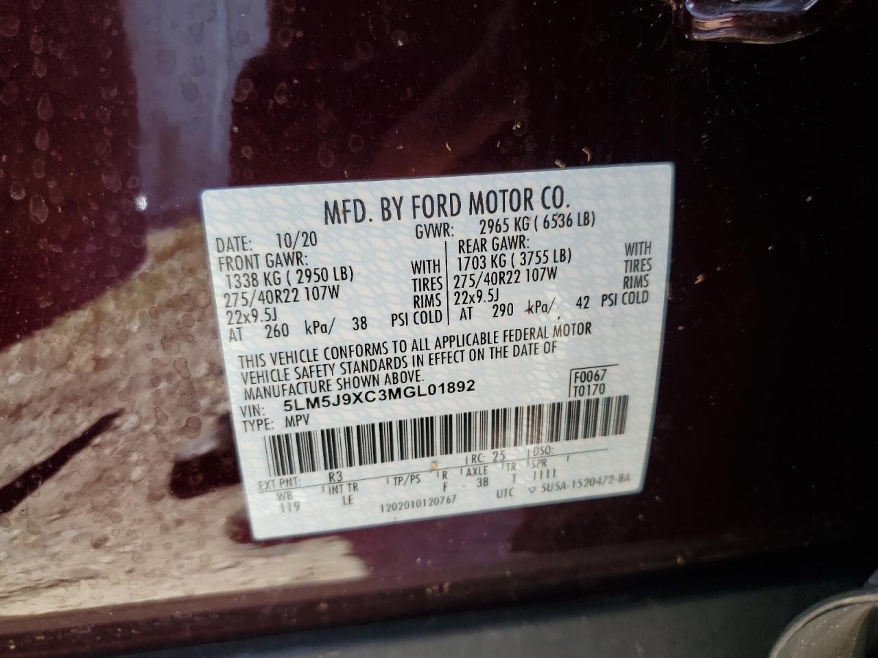 2021 Lincoln Aviator VIN 5LM5J9XC3MGL01892 Copart auction photo, water/flood damage thumbnail 11