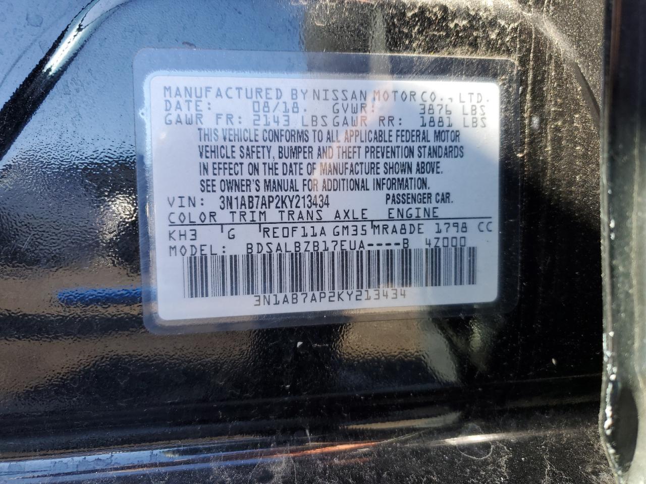 2019 Nissan Sentra VIN 3N1AB7AP2KY213434 Copart auction photo, minor dent/scratches damage thumbnail 12