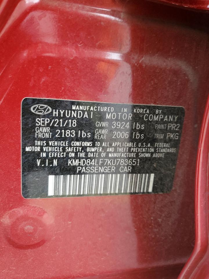 2019 Hyundai Elantra VIN KMHD84LF7KU783651 Copart auction photo, front end / rear end damage thumbnail 13