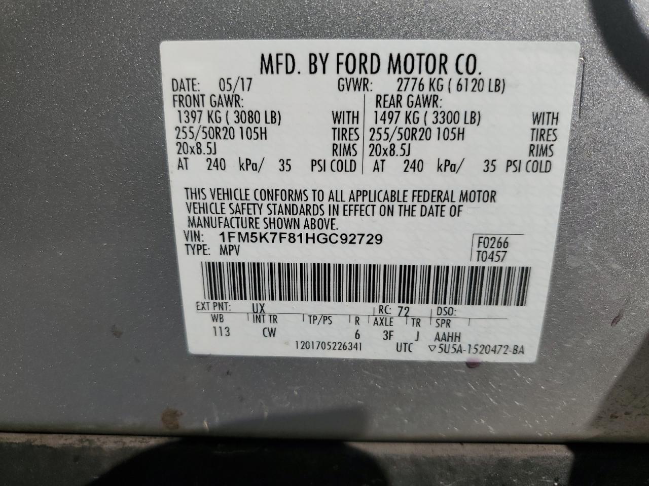 2017 Ford Explorer VIN 1FM5K7F81HGC92729 Copart auction photo, side damage thumbnail 13